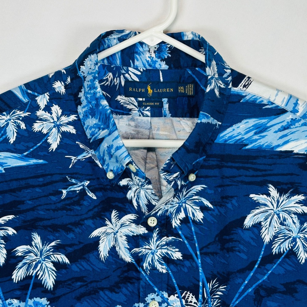 Ralph Lauren Mens 2XL Hawaiian Shirt Classic Fit Tropical Island Palm Tree Blue